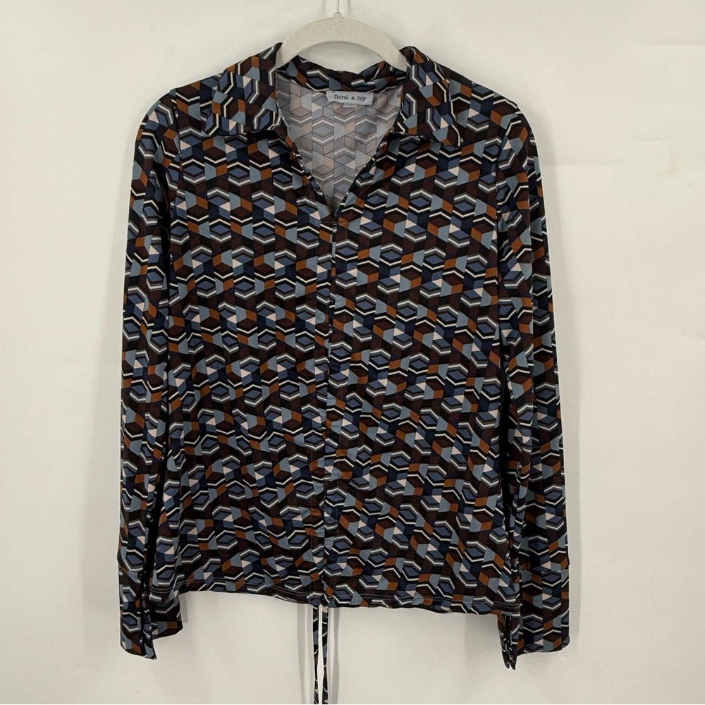 Floral And Ivy Womens Long Sleeve Jersey Knit Top Size Small Geometric Blue